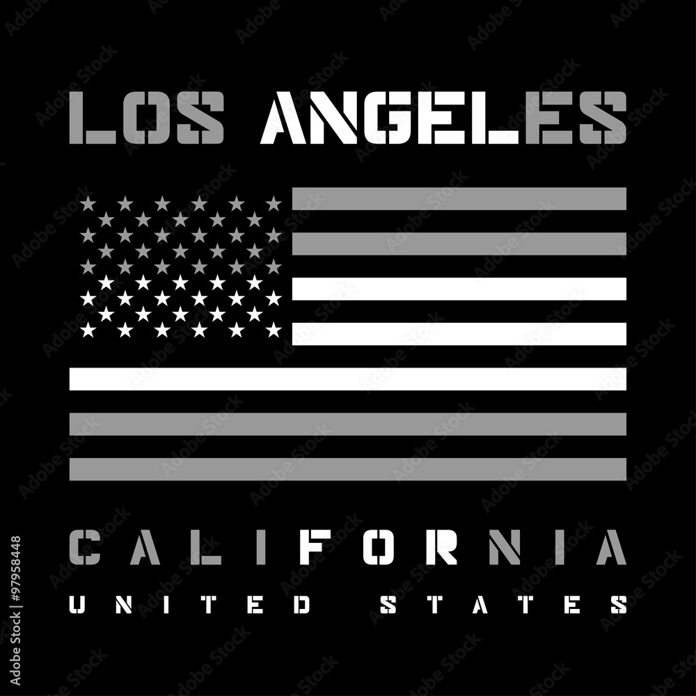 Los Angeles California Typography with american flag. T-shirt fashion graphics. Original wear. Graphic style for wallpaper, in textiles, for book design, website, and other print production. Vector
