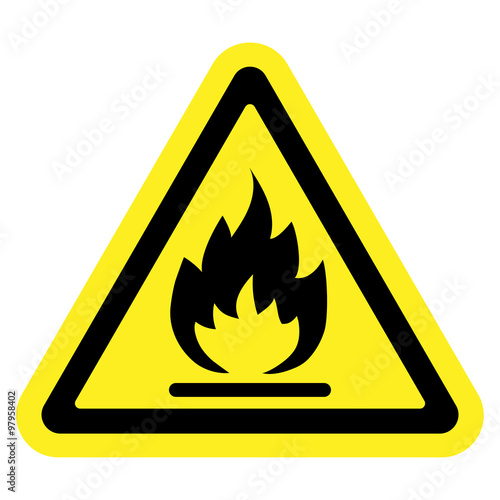 Fire warning sign in yellow triangle, isolated on white background. Flammable, inflammable substances icon. Hazard icon. Vector illustration photo