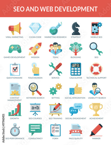 SEO and WEB development icons.  Use a set of icons for the development of optimization to promote your website. High-quality vector. Everything has been done to the pixel grid
