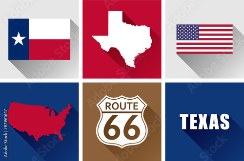 Texas Flat Icon Set. 
Set of vector graphic flat icons representing symbols and landmarks of the US state of Texas.