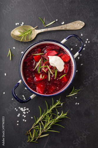 Ukrainian and Russian National vegetable soup - red borsch in pot