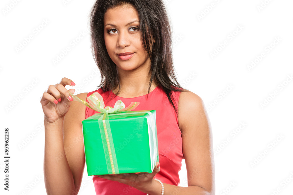 Mixed race woman opening box gift. Christmas. Mixed race woman opening box gift. Christmas.