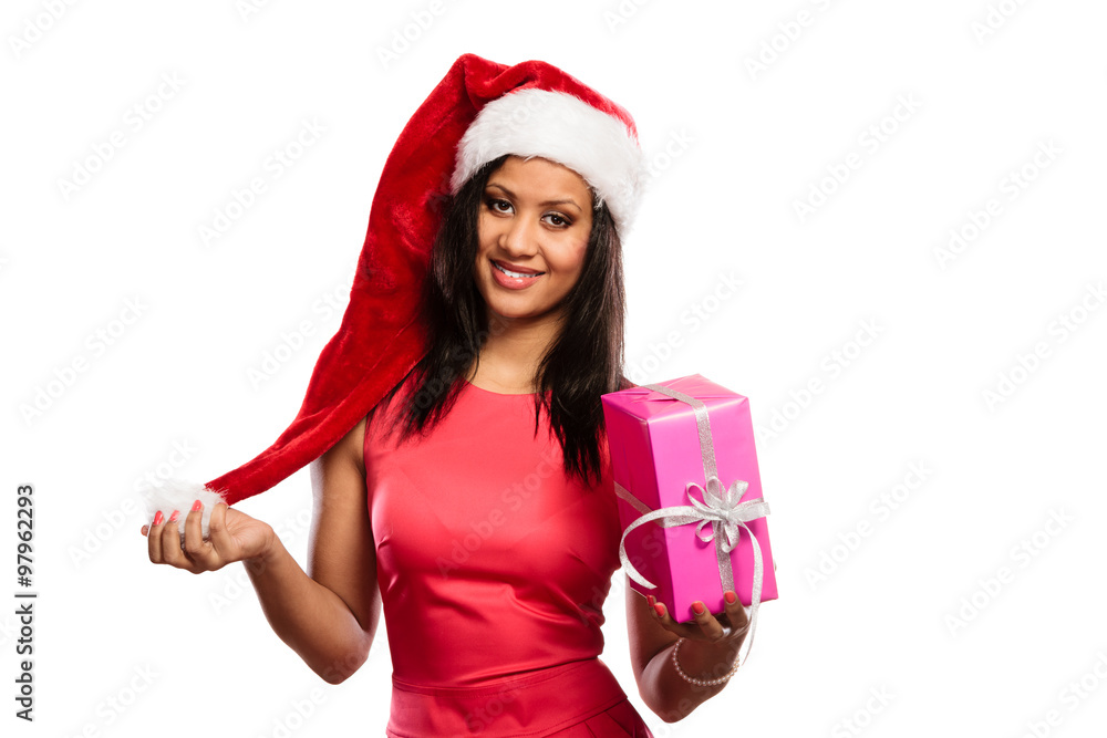 Girl mixed race santa claus hat with gift box
