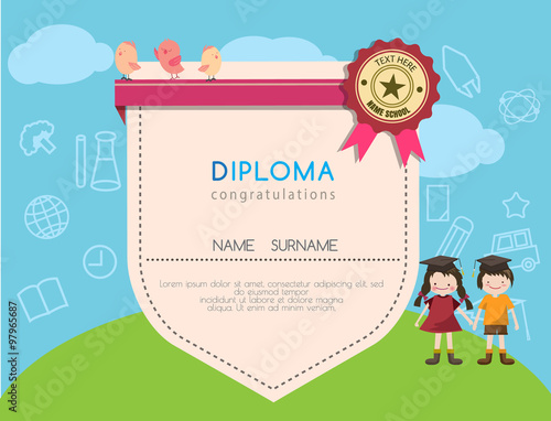 Kids diploma preschool certificate elementary school design template background. vector illustrator