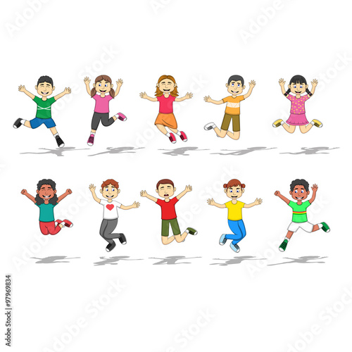 Set Of Ten Happy Kids with jump position Vector Illustration