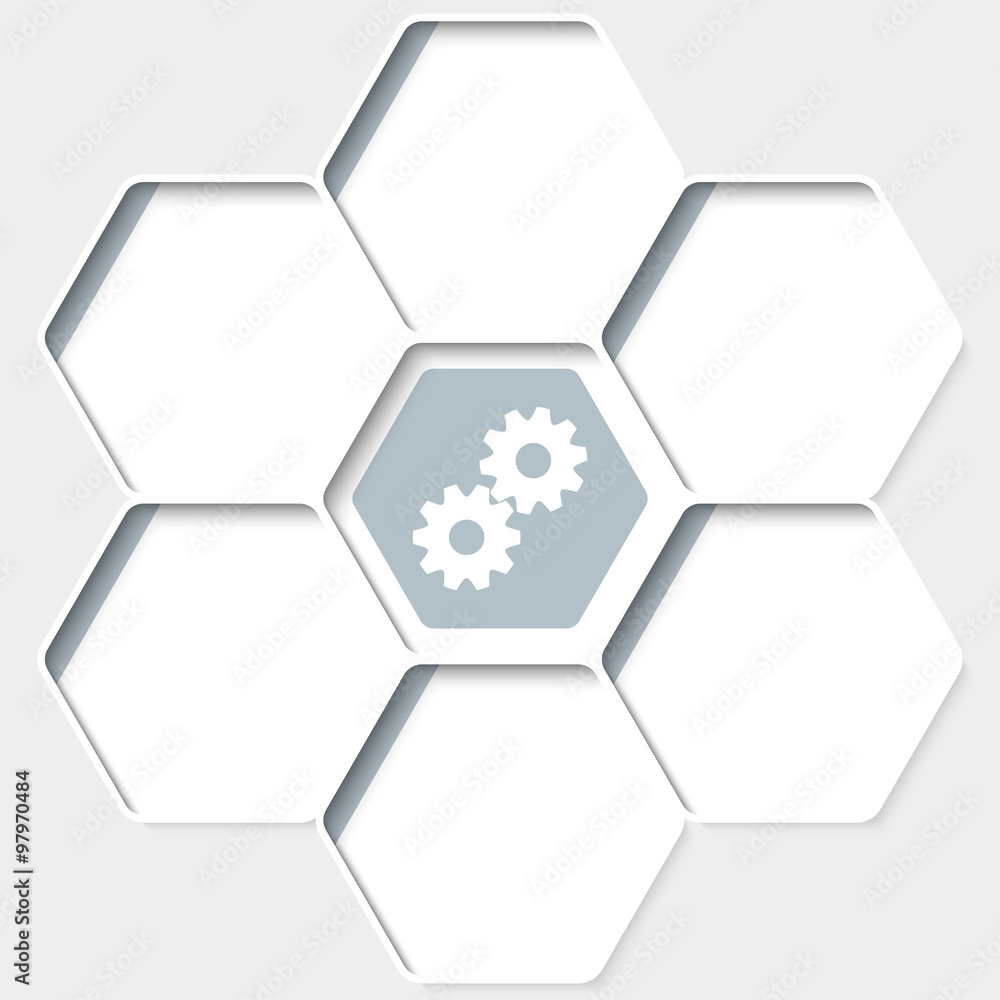 Set of five hexagons for your text and a cogwheels Set of five hexagons for your text and a cogwheels