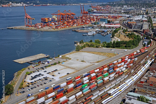 Busy seaport with container trains