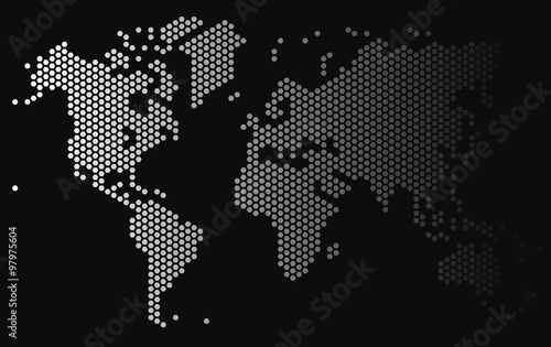 Gradient hexagon world map on black background, vector illustration.