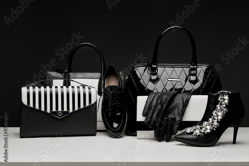Fashionable female accessories gloves, bags, shoes, high-heeled