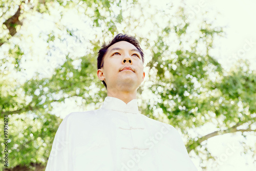 Handsome man practicing thai chi