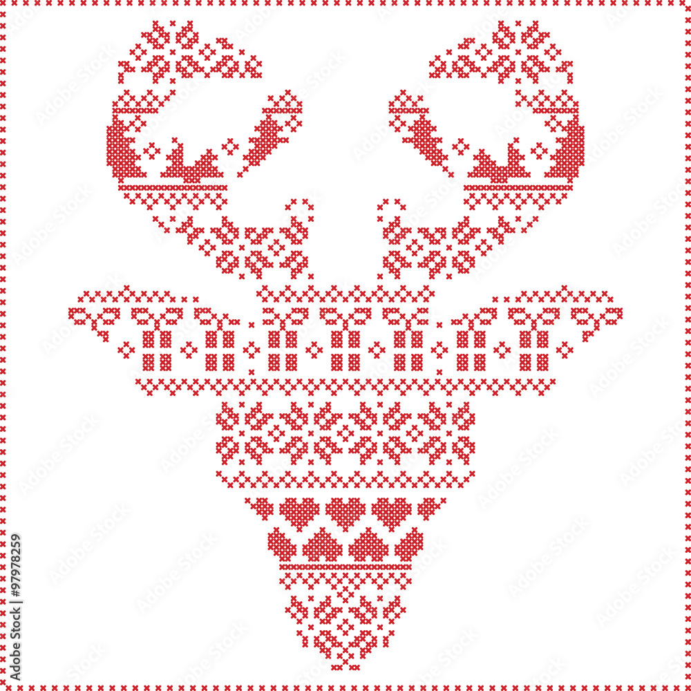 Scandinavian Nordic winter stitching knitting christmas pattern in in reindeer head shape frontal including snowflakes, hearts xmas trees christmas presents, snow, stars, decorative ornaments 2
Scandinavian Nordic winter stitching knitting christmas pattern in in reindeer head shape frontal including snowflakes, hearts xmas trees christmas presents, snow, stars, decorative ornaments 2