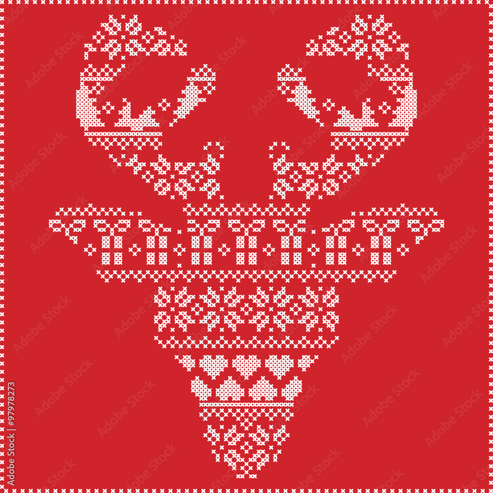 Scandinavian Nordic winter stitching knitting christmas pattern in in reindeer head shape frontal including snowflakes, hearts xmas trees christmas presents, snow, stars, decorative ornaments 1
Scandinavian Nordic winter stitching knitting christmas pattern in in reindeer head shape frontal including snowflakes, hearts xmas trees christmas presents, snow, stars, decorative ornaments 1