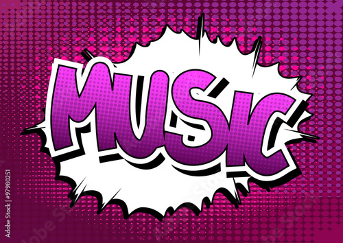 Music - Comic book style word on comic book abstract background.