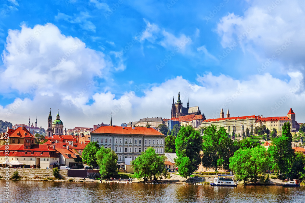 View of Prague Castle from waterfront  Vltava river in Prague.Cz