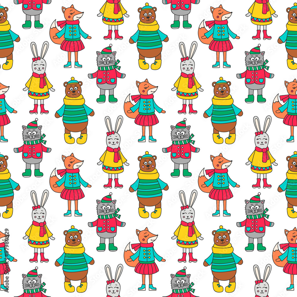 Winter animals. Seamless pattern with hand drawn doodle animals - cat, rabbit, fox and bear. Cute background for kids. Winter animals. Seamless pattern with hand drawn doodle animals - cat, rabbit, fox and bear. Cute background for kids.