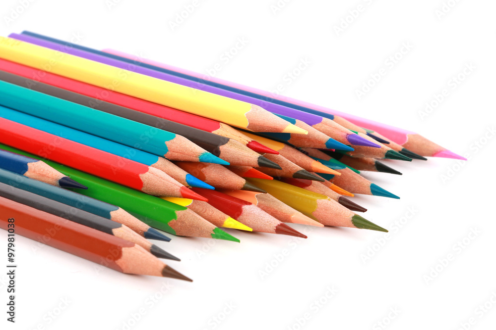 Mixed arranged of colours wooden pencils on white background Mixed arranged of colours wooden pencils on white background