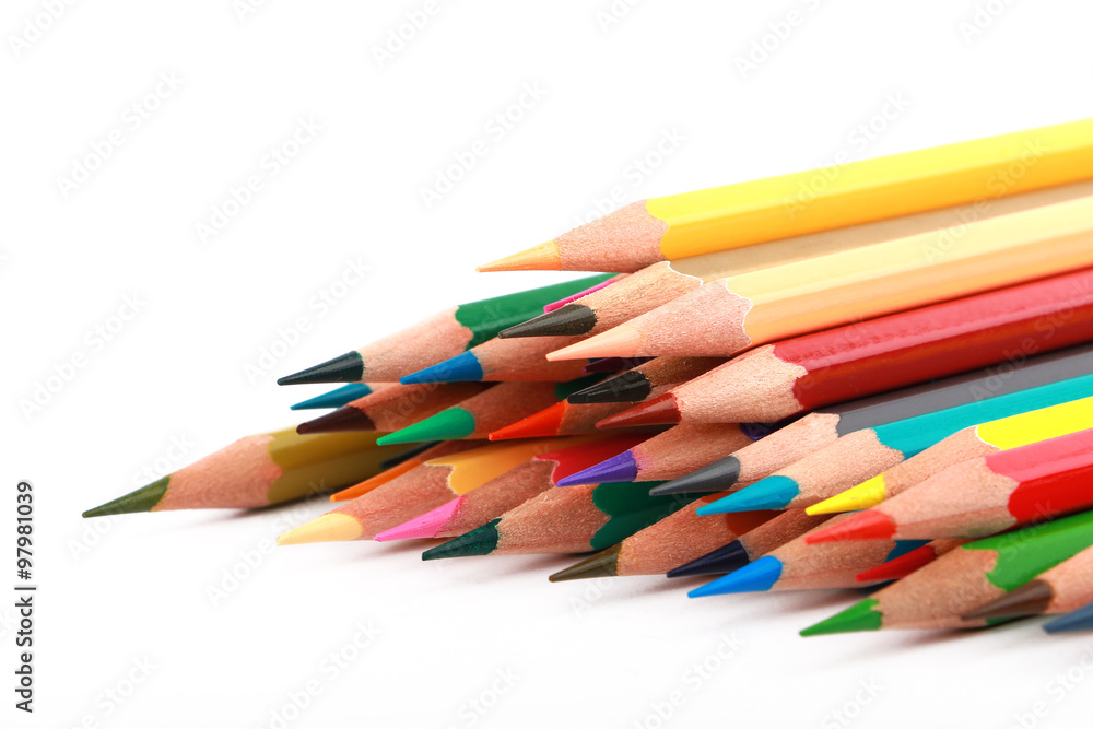 Mixed arranged of colours wooden pencils on white background Mixed arranged of colours wooden pencils on white background