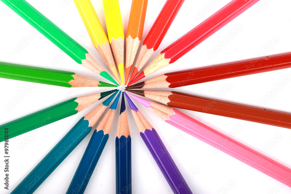 Mixed arranged of colours wooden pencils on white background Mixed arranged of colours wooden pencils on white background