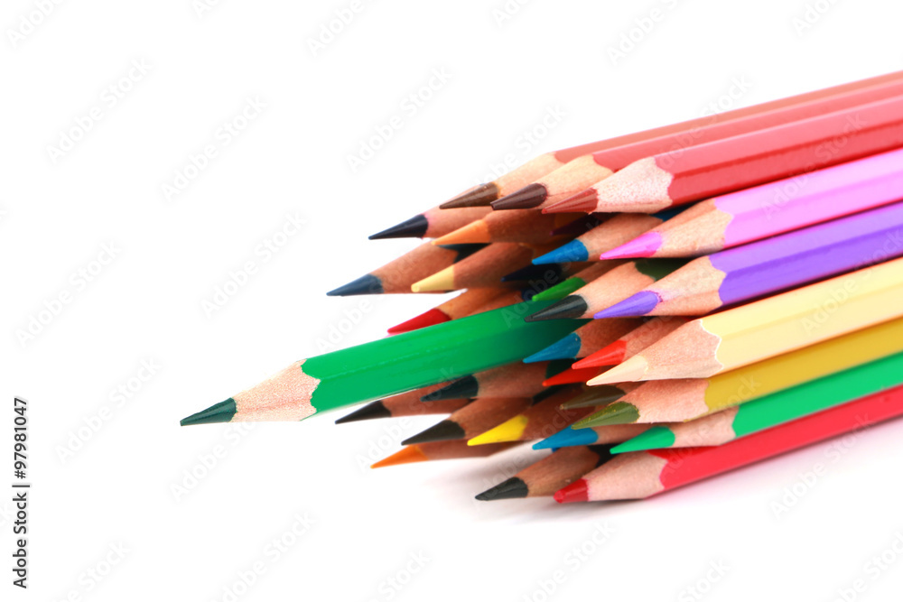 Fototapeta premium Mixed arranged of colours wooden pencils on white background