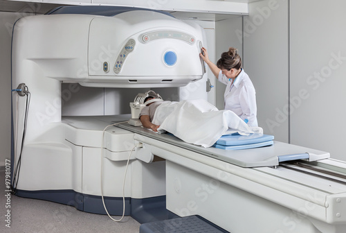 Foto The patient goes tomography of the head.