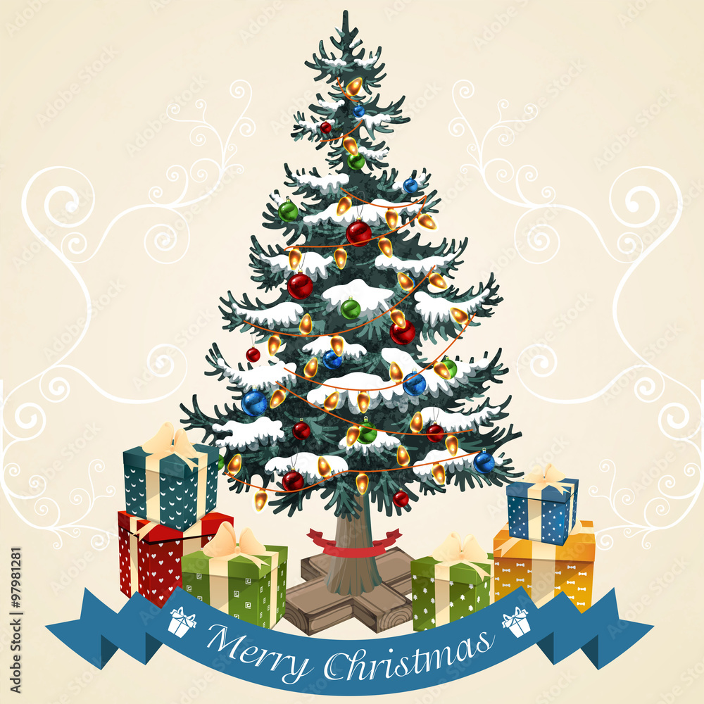 Fototapeta premium Christmas tree with balls, garland and gifts . Christmas card vector illustration.