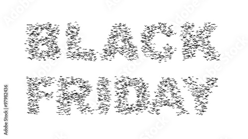 A half  flock of flying birds forms the words BLACK FRIDAY - part of timelapse, stop motion, gif animation