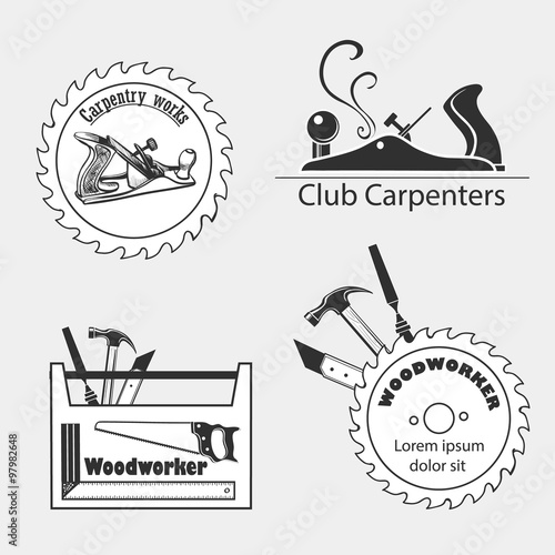 Carpentry works icons flat set with tools carpenter joinery products