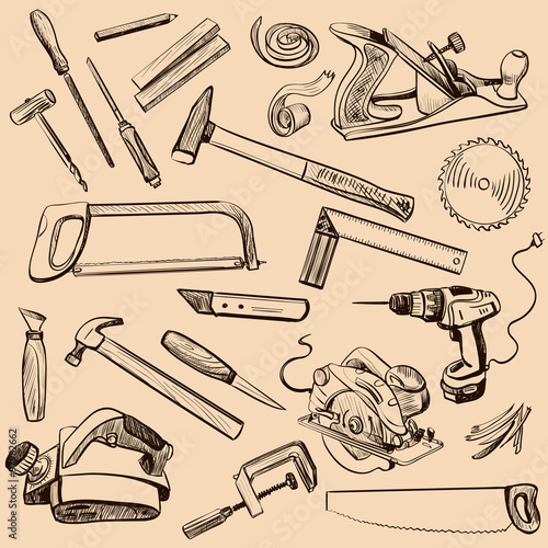 Joinery icons set. Carpenter character at work.