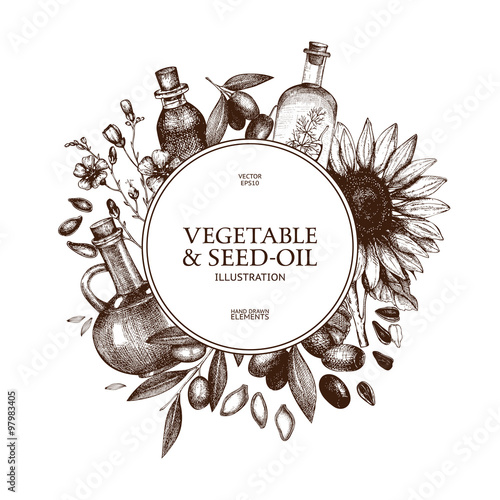 Vector card design with hand drawn vegetables and seed-oil illustration. Vintage healthy food illustration. Decorative engraved oil sketch isolated on white.