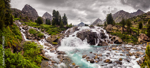 Fototapeta Naklejka Na Ścianę i Meble -  Mountain landscape with waterfall and peaks