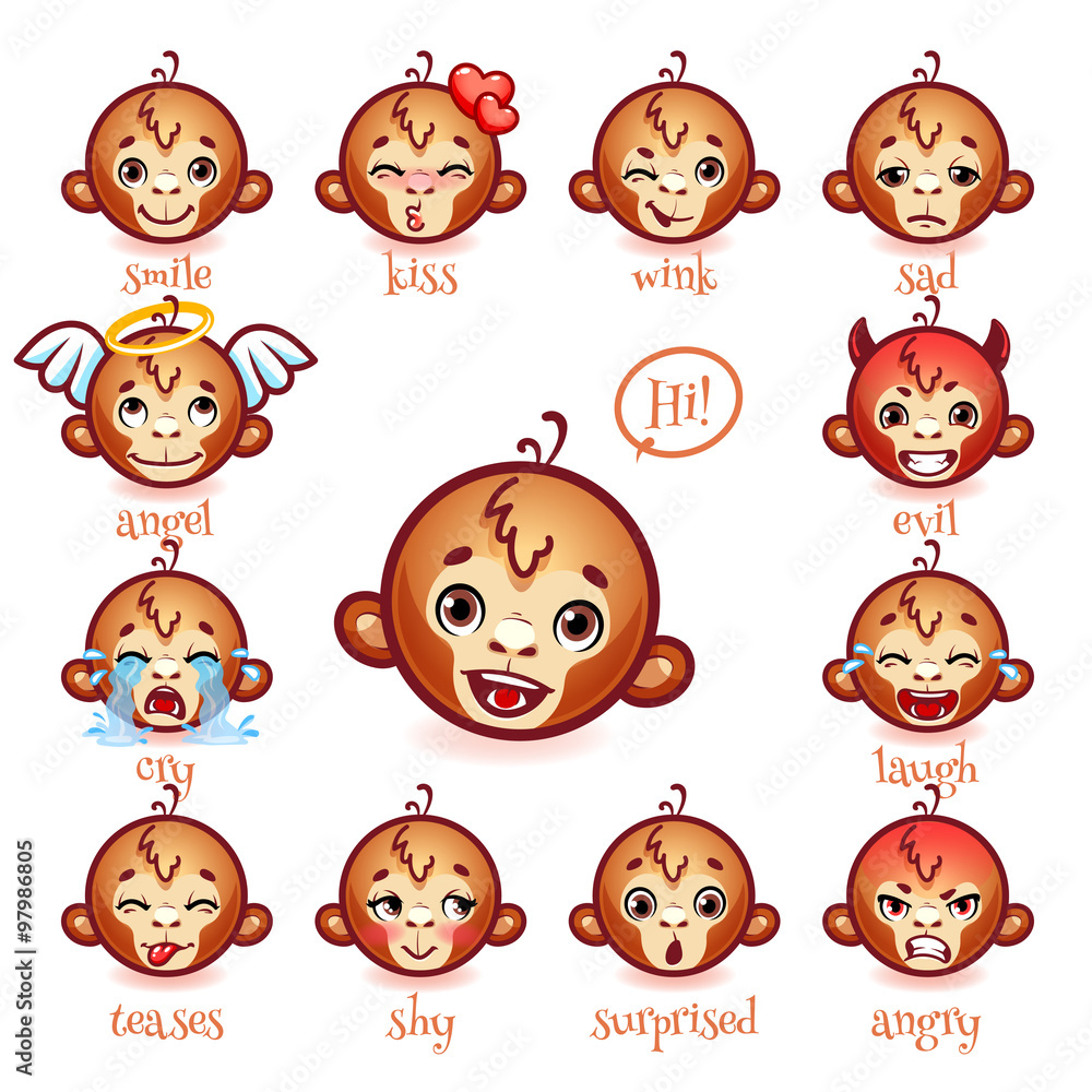 Set of emoticons funny monkey. Smile, kiss, wink, sad, evil, cry Set of emoticons funny monkey. Smile, kiss, wink, sad, evil, cry