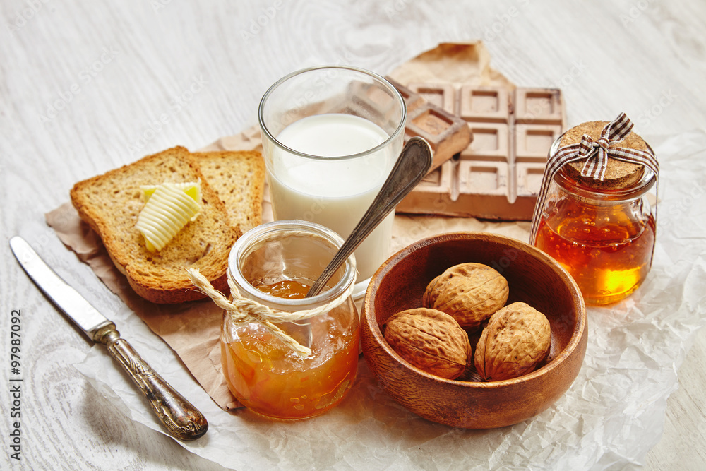 Side View Of Breakfast Set With Jam Bread Butter Walnuts And Stock Photo Adobe Stock Side View Of Breakfast Set With Jam Bread Butter Walnuts And Stock Photo Adobe Stock