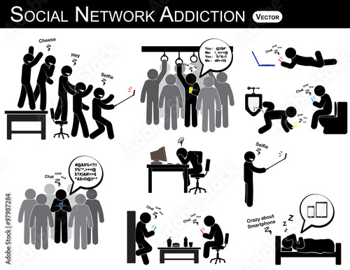 Social network addiction . a man use smartphone every time , everywhere ( in restroom , office , home , bus , dining room ) and ignore everything .  people like to self portrait , photography .