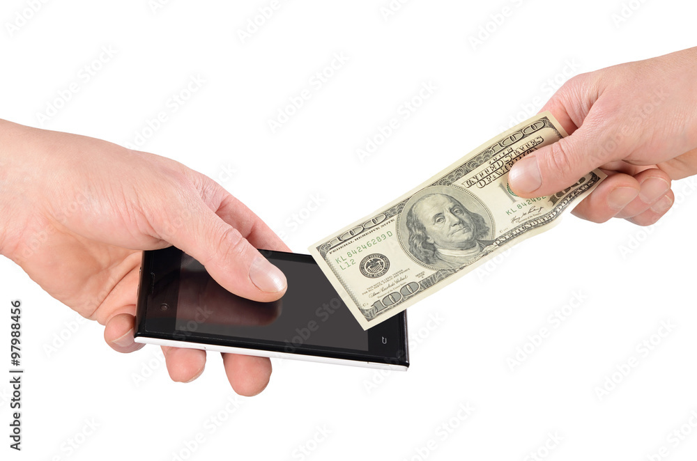 The black smartphone and dollars in a hand The black smartphone and dollars in a hand