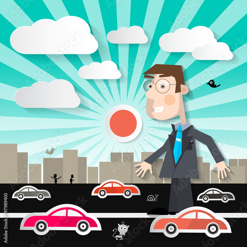 Big Man in the City - Businessman Walking on Street with Cars in Town Vector Illustration