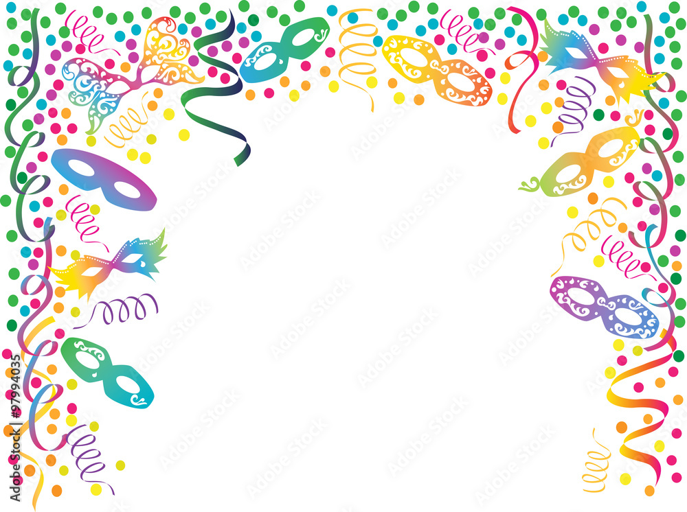 Carnival colorful frame with masks, ribbons and confetti vector.