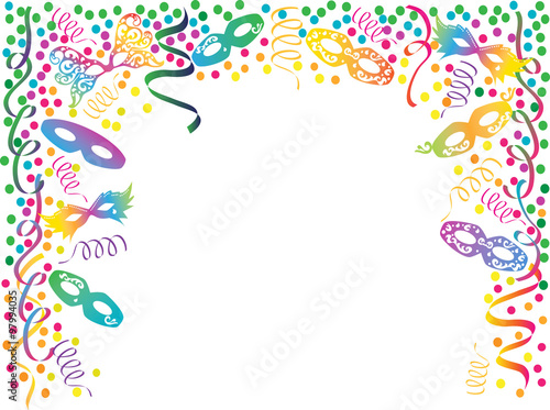 Carnival colorful frame with masks, ribbons and confetti vector.