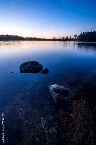 Blue morning by forest lake with rocks in the foreground. Vertical composition