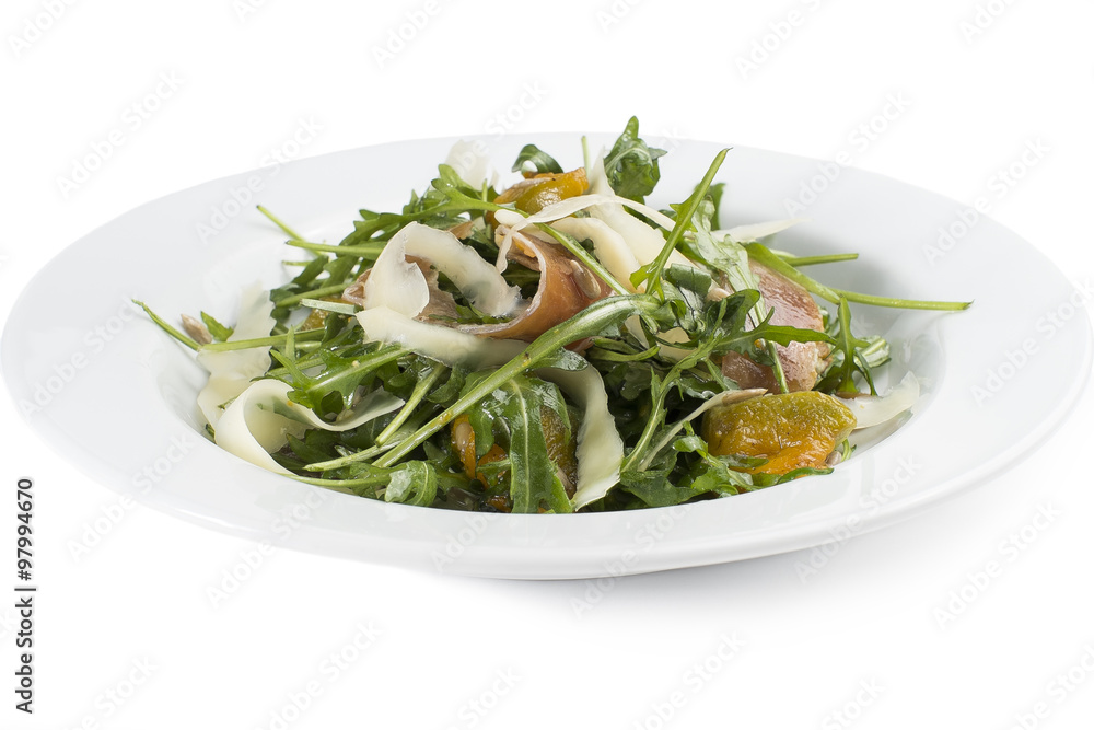 Salad of cured pork with Parmesan cheese, carrots, sunflower seeds and arugula Salad of cured pork with Parmesan cheese, carrots, sunflower seeds and arugula