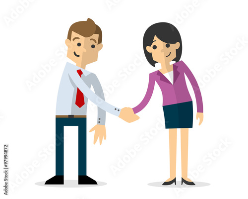 Vector of a businessman and business woman shaking hands each others 