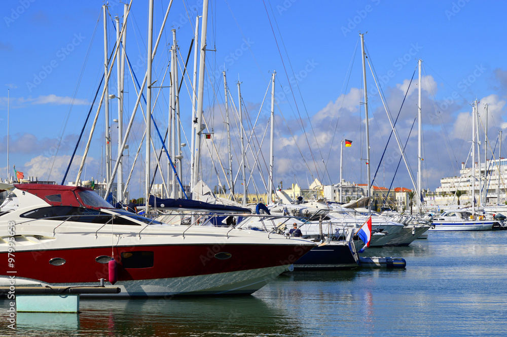 Vilamoura, Algarve, Portugal - October 26, 2015: Luxury yachts in Vilamoura Marina