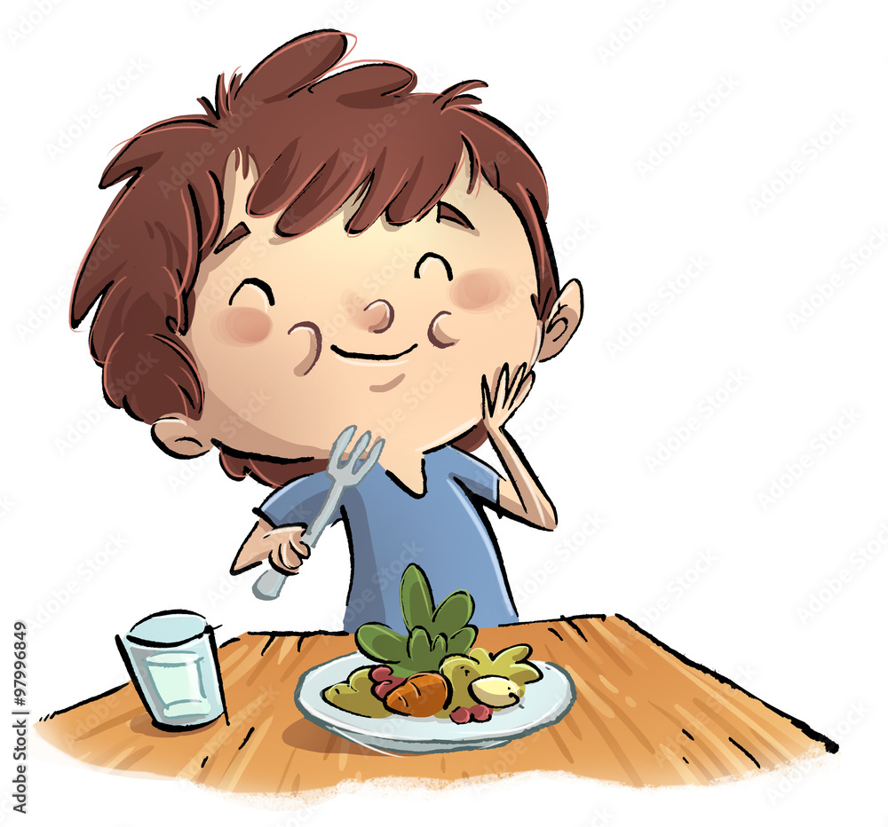 niño comiendo ensalada ilustración de Stock | Adobe Stock