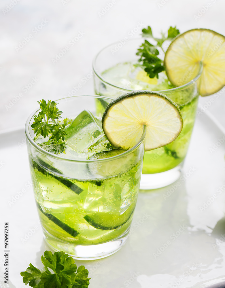 Fototapeta premium Lime, cucumber, parsley cocktail, detox water 