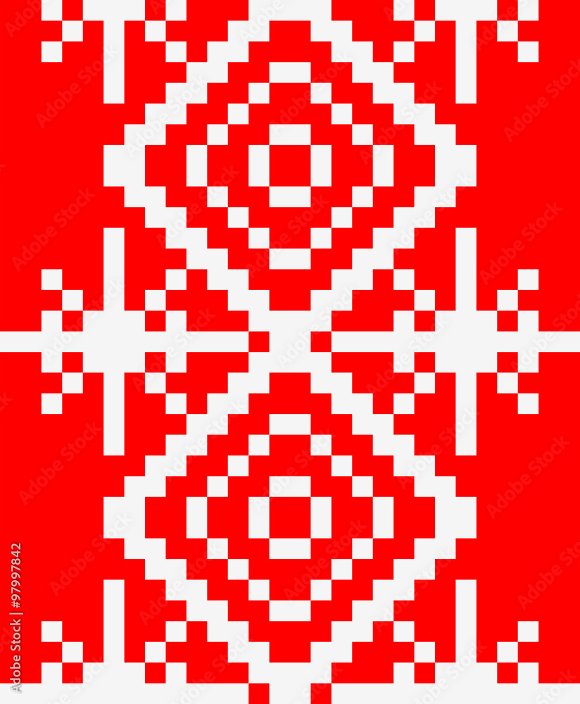 Fototapeta premium Knitted pattern with snowflakes. Red winter background.