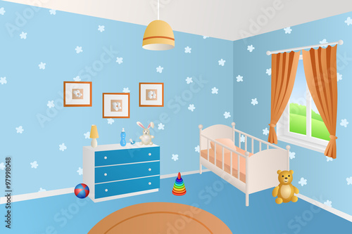 Modern interior baby room blue toys white bed window illustration vector