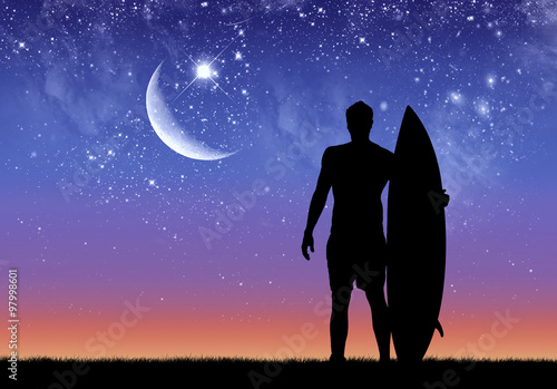 Canvas Print Silhouette of surfer at sunrise