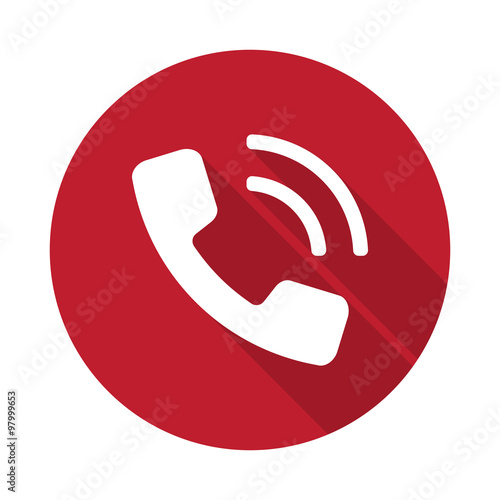 Flat Phone icon with long shadow on red circle