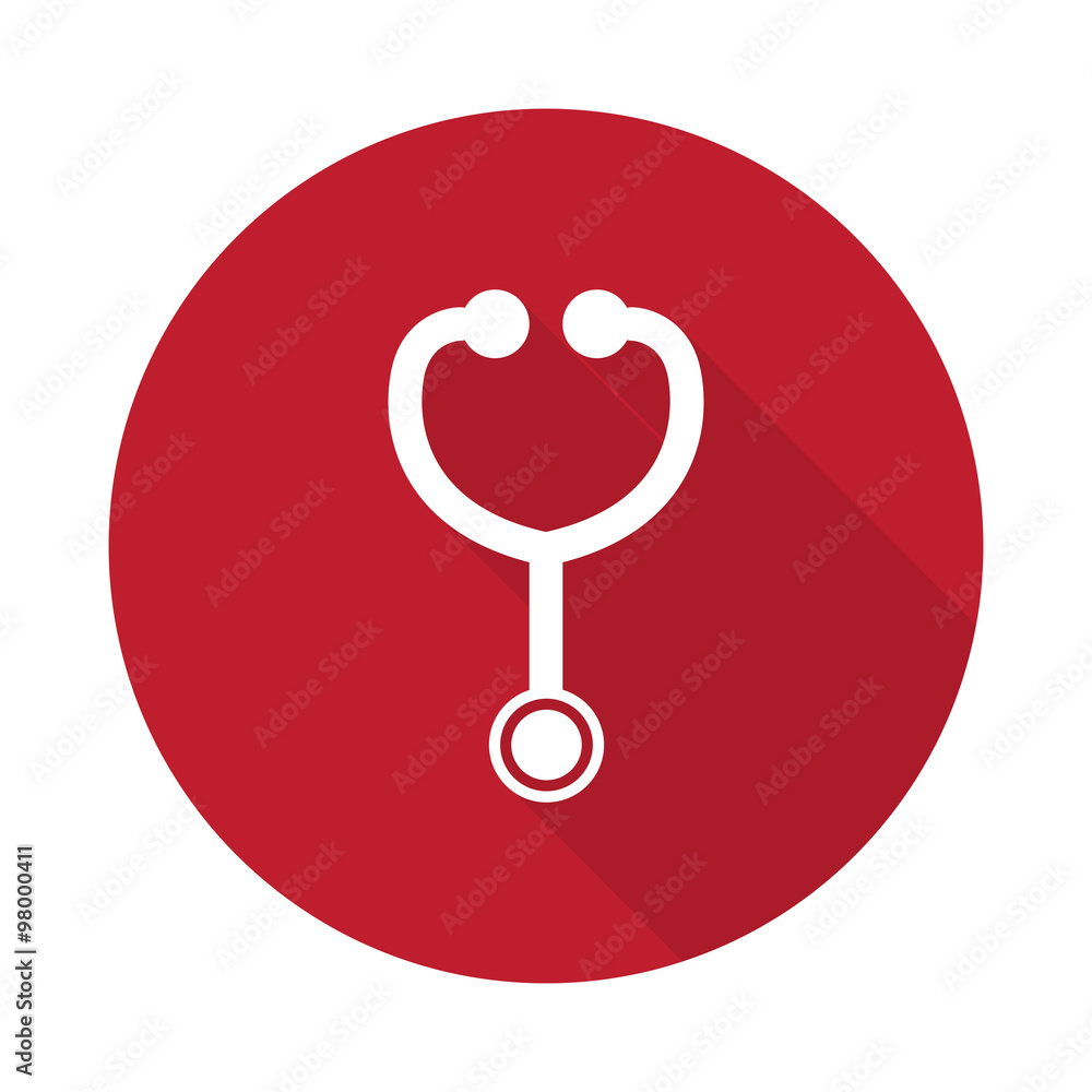 Flat Stethoscope icon with long shadow on red circle Flat Stethoscope icon with long shadow on red circle