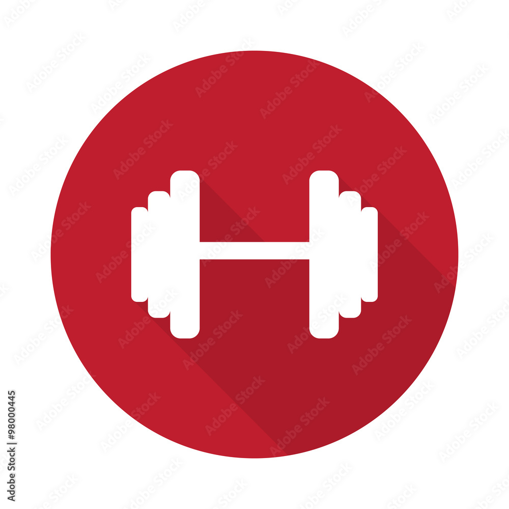 Flat Dumbbell icon with long shadow on red circle Flat Dumbbell icon with long shadow on red circle