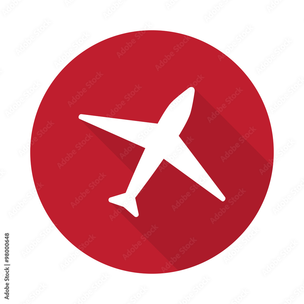 Flat Airplane icon with long shadow on red circle Flat Airplane icon with long shadow on red circle
